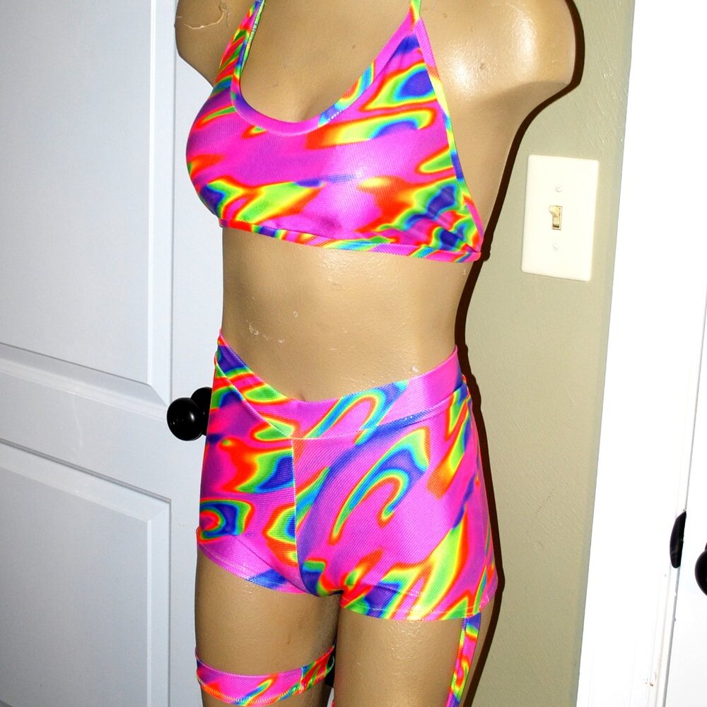 Exotic Dancer Stripper Wear 3 piece neon Hologram Swirl w/ strap shorts